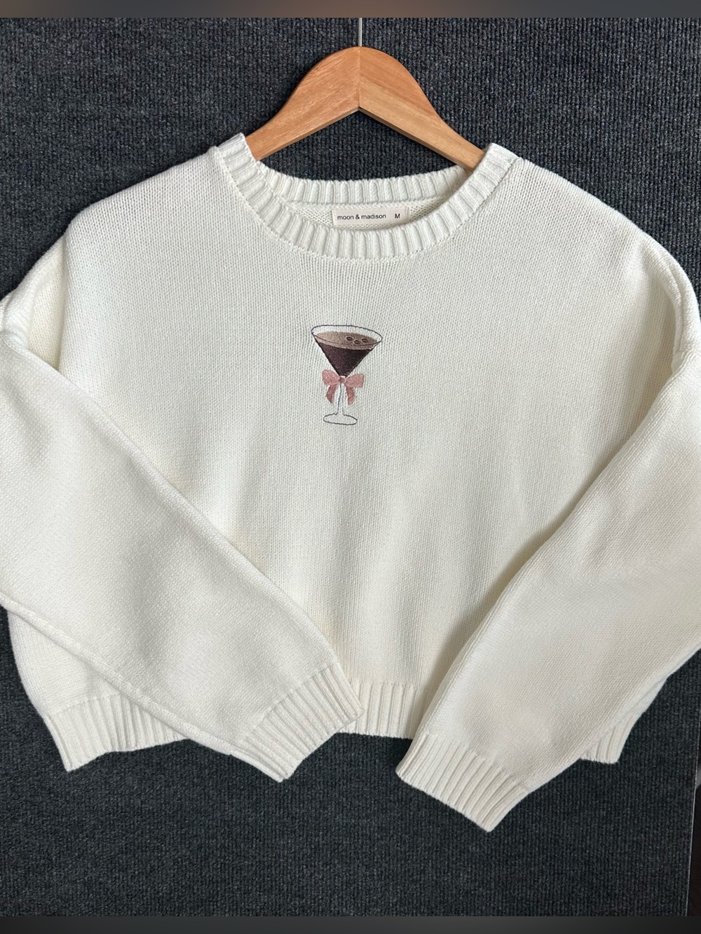 Moon & Madison Cream Crewneck Sweater with Espresso Martini Embroidery. Size M